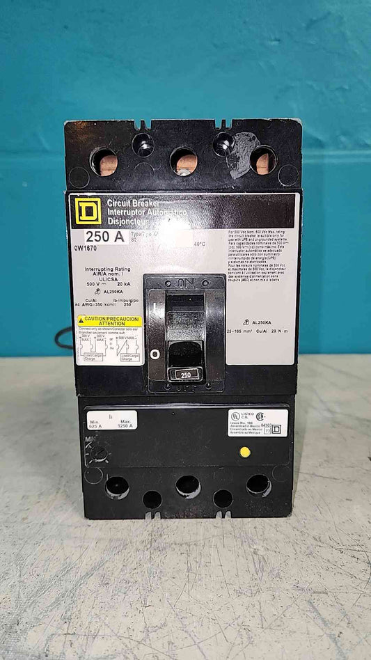 Square D KA36250 250A 3 Pole Circuit Breaker 600V KA Frame 500 VDC AL250KA Lugs