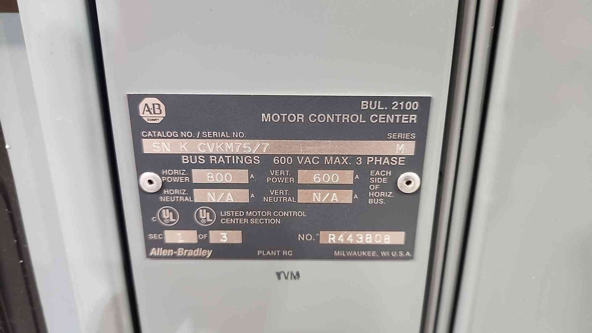 Allen-Bradley Centerline 2100 MCC 800A 600V 3PH 3-Section Lineup W/ Breakers