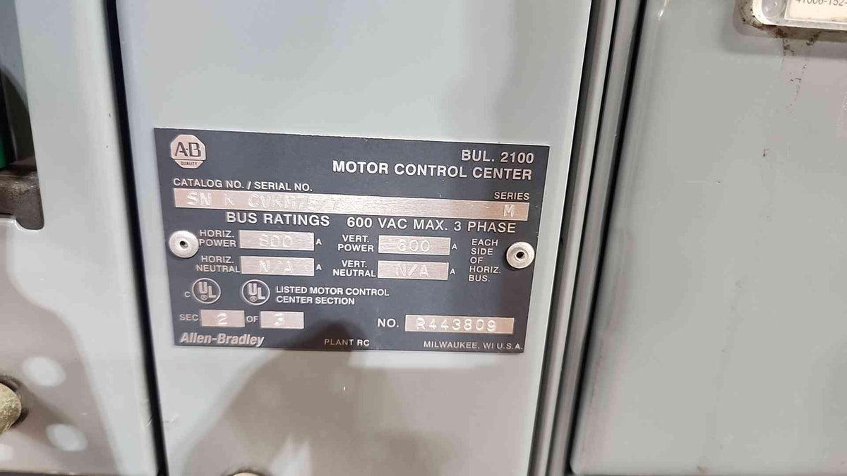 Allen-Bradley Centerline 2100 MCC 800A 600V 3PH 3-Section Lineup W/ Breakers