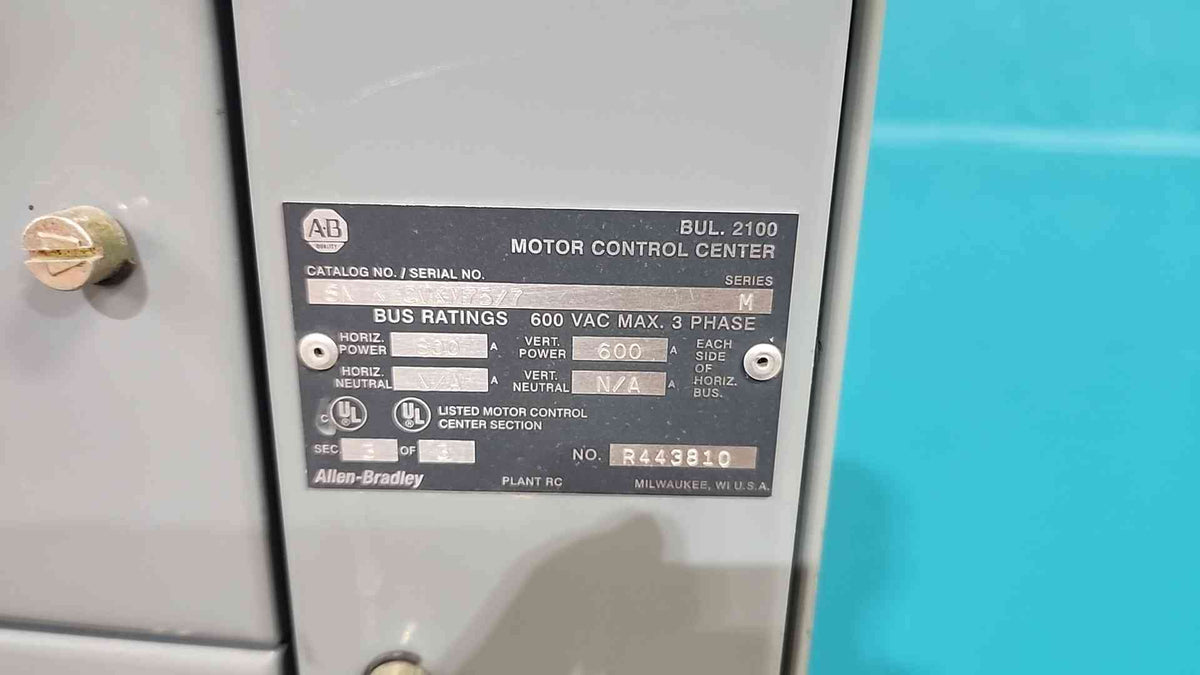 Allen-Bradley Centerline 2100 MCC 800A 600V 3PH 3-Section Lineup W/ Breakers