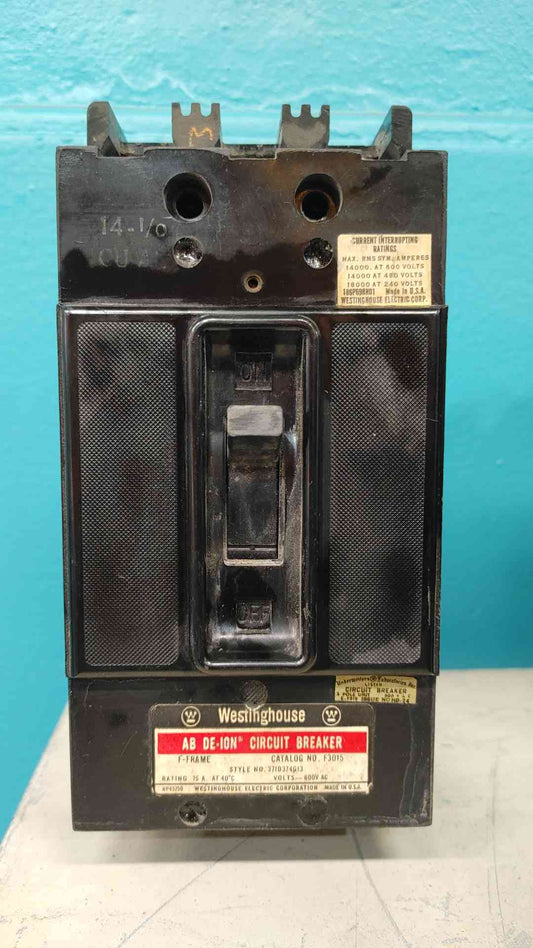 Westinghouse F3015 15A 3 Pole Circuit Breaker 600V F Frame 371D374G13 AB De-Ion