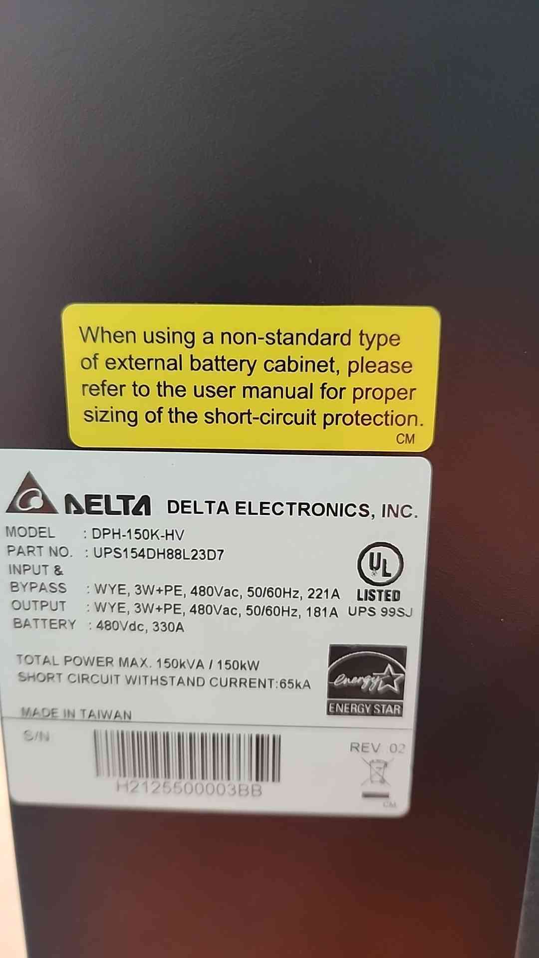 Delta DPH-150K-HV 150kVA 150kW 480V 3PH High Density Modular UPS Cabinet Power
