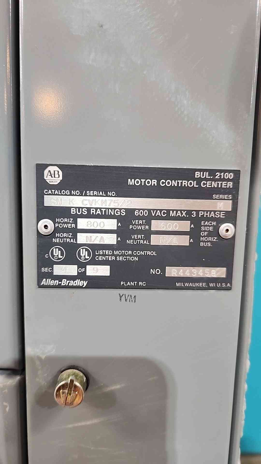 Allen Bradley Centerline 2100 MCC Motor Control Center 3 Section 800A 600V 3PH