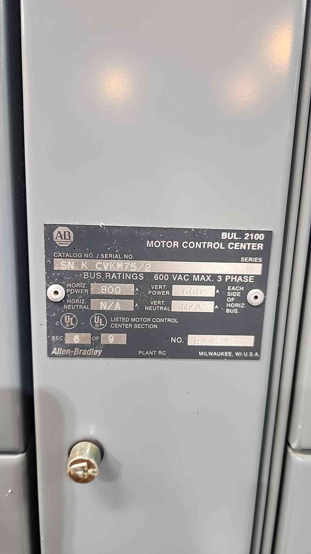 Allen Bradley Centerline 2100 MCC  Motor Control Center 3 Section 800A 600V 3PH