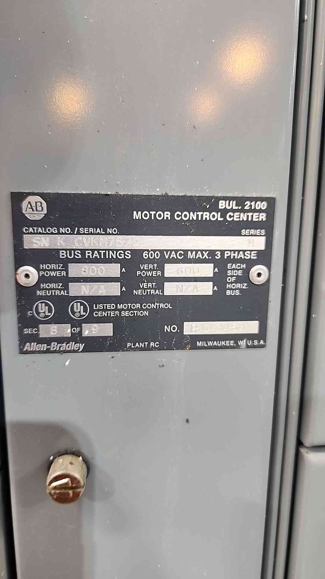 Allen Bradley Centerline 2100 MCC  Motor Control Center 3 Section 800A 600V 3PH