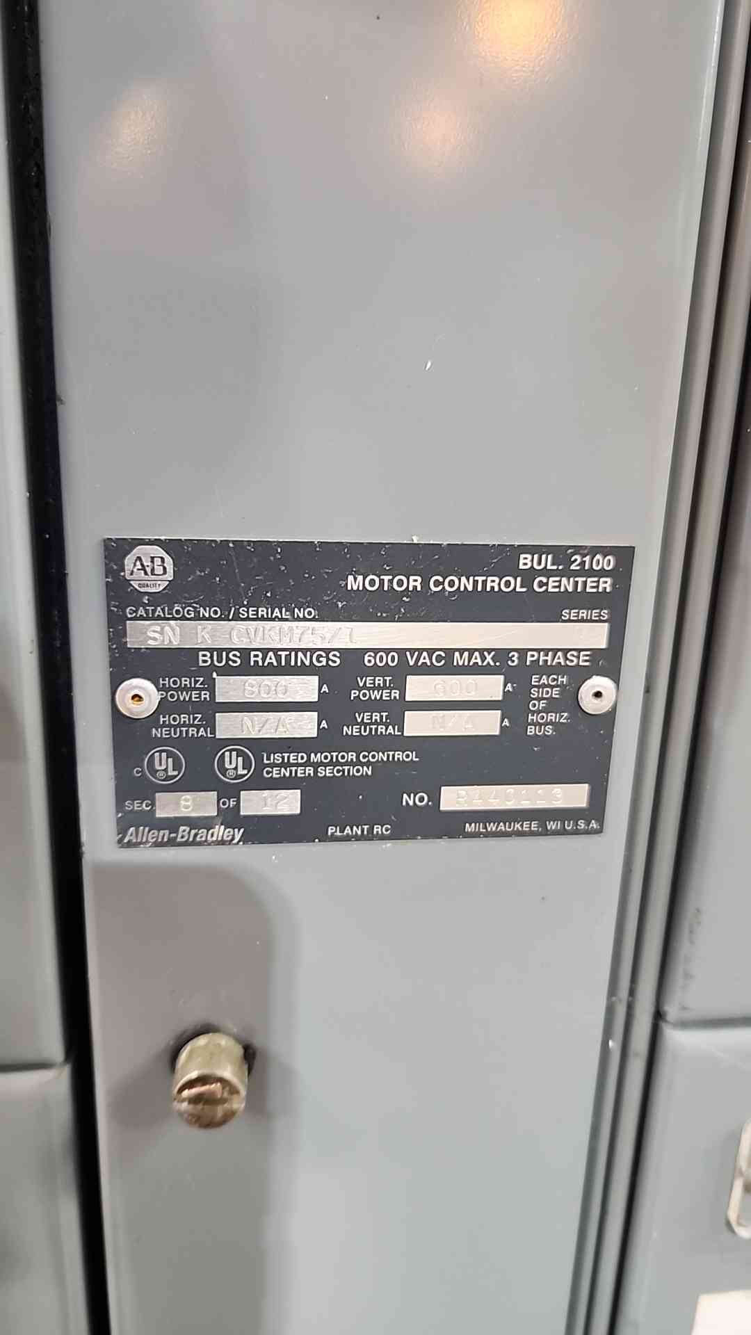 Allen Bradley Centerline 2100 MCC-Motor Control Center 3 Section 800A 600V 3PH