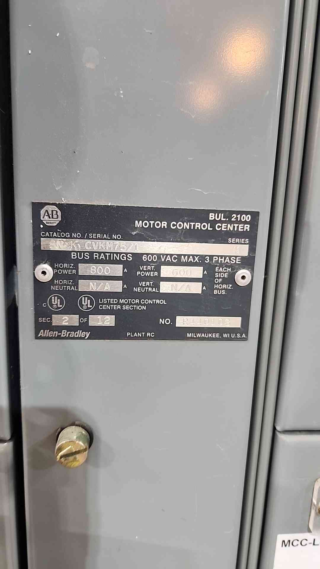 Allen Bradley Centerline 2100 MCC Motor Control Center 3 Section 800A Main Line