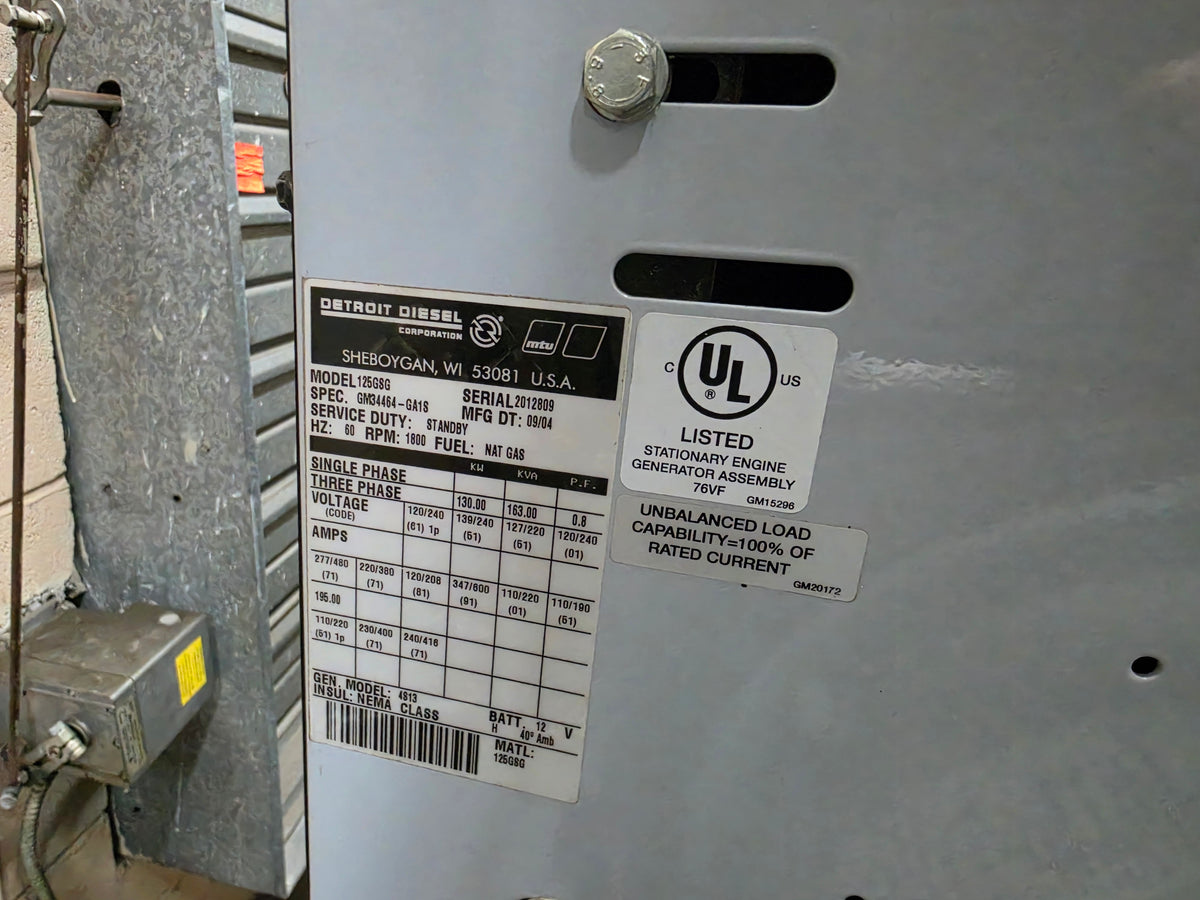 Detroit Diesel MTU 125kW Natural Gas Generator GM 8.1L 125GBG 681 Hrs 3 Ph