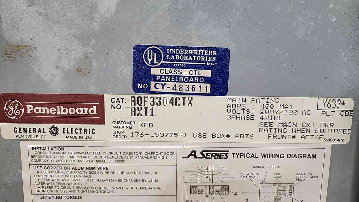 GE AQF3304CTX A-Series 400A 208Y/120V 3PH Panelboard Loaded Breakers No Cover