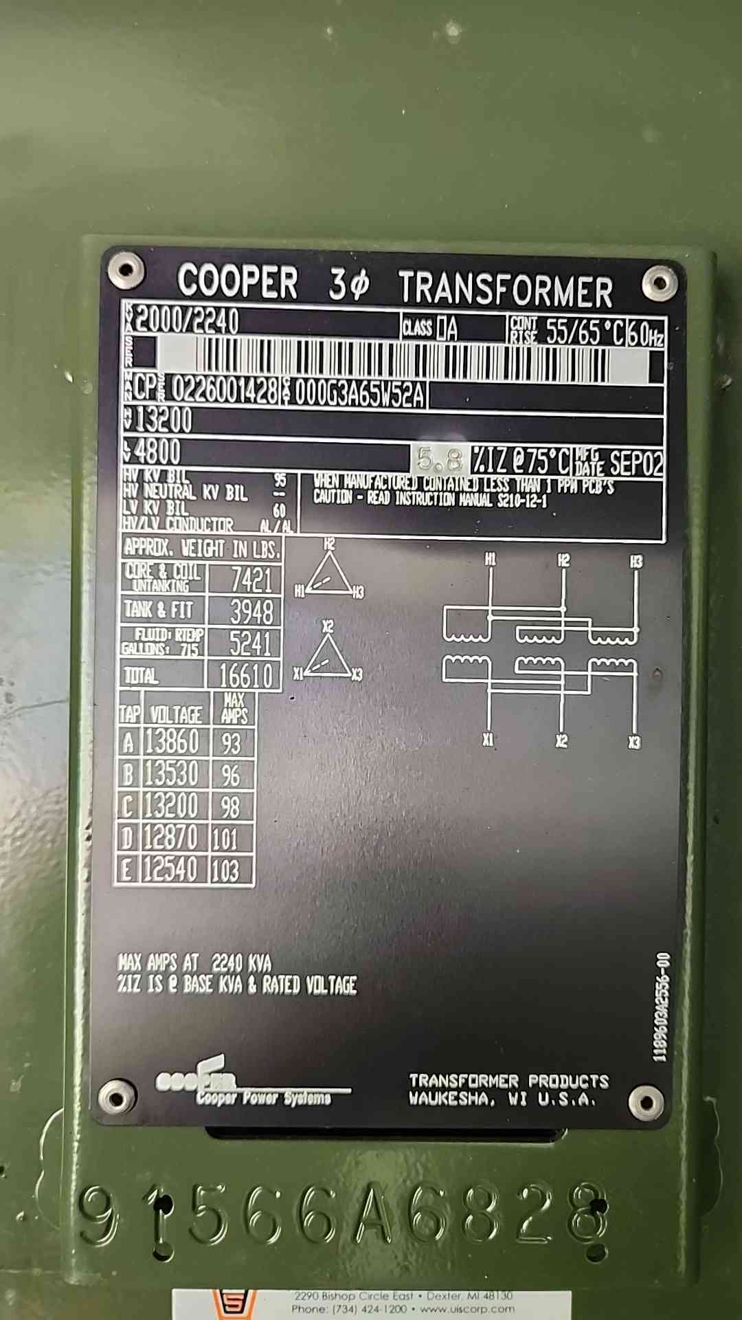 Cooper 2000 kVA 2240 kVA 3 Phase Padmount Transformer 13200V to 4800V Industrial
