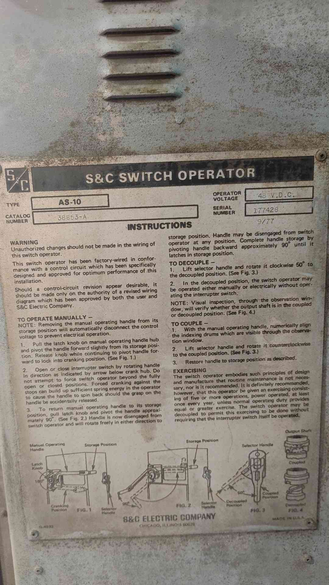 S&C Electric AS-10 Switch Operator 38853-A 48VDC Medium Voltage Switchgear Motor