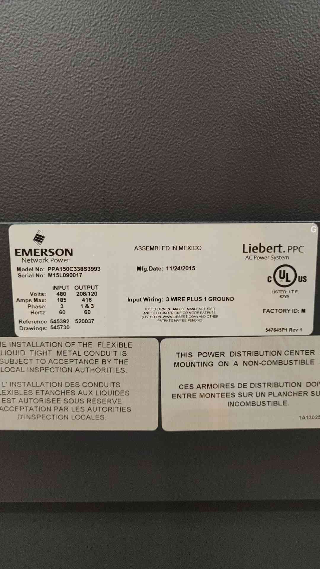 Liebert PPC 150kVA Data Center PDU 480V to 208Y/120V PPA150C w/ EXC Panel Cabinet