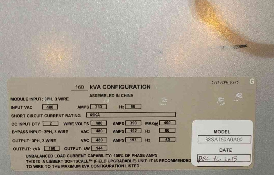 Liebert 160kVA UPS System 480V 3Ph 38SA160A0A00 w/ Battery & Bypass Cabinets