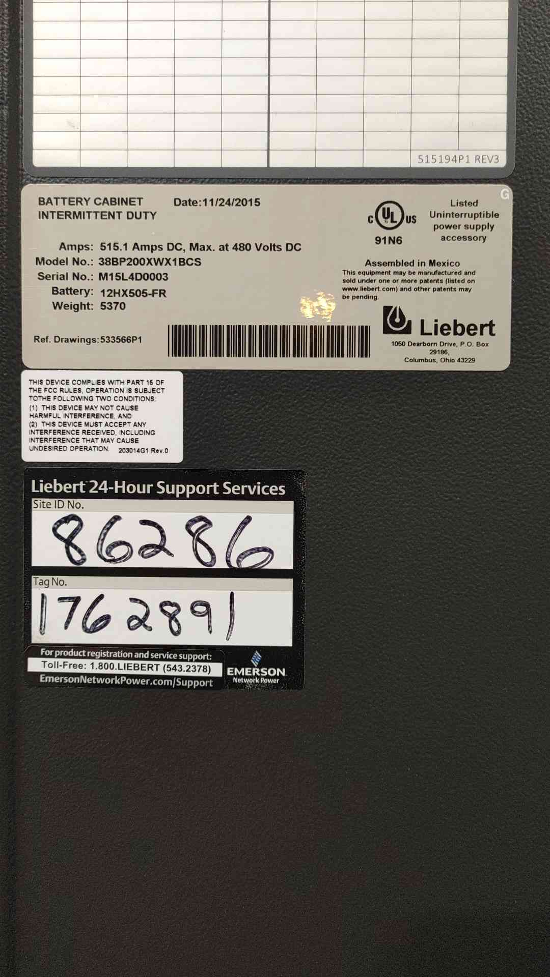 Liebert 160kVA UPS System 480V 3Ph 38SA160A0A00 w/ Battery & Bypass Cabinets