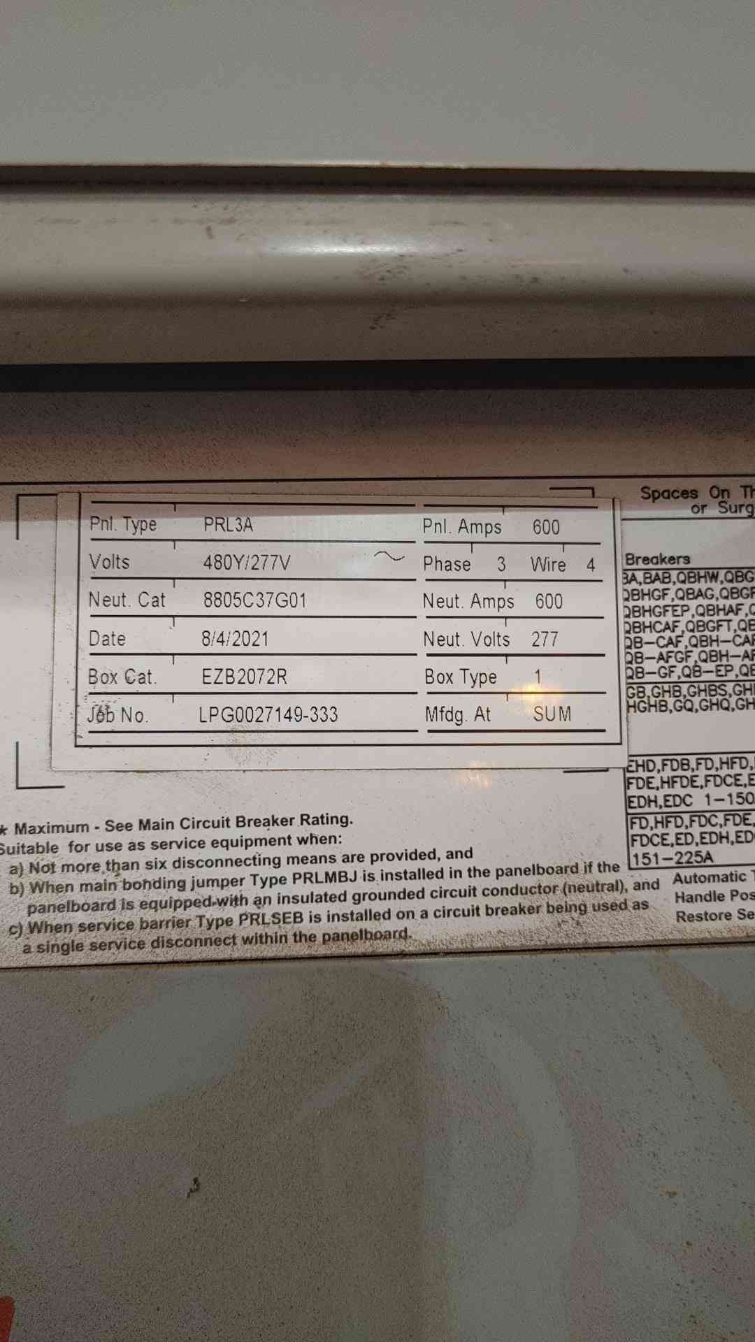 Eaton PRL3a 600A Panelboard 480Y/277V 3Ph w/ 600A Main + (4) 150A 3P & 20A Breakers
