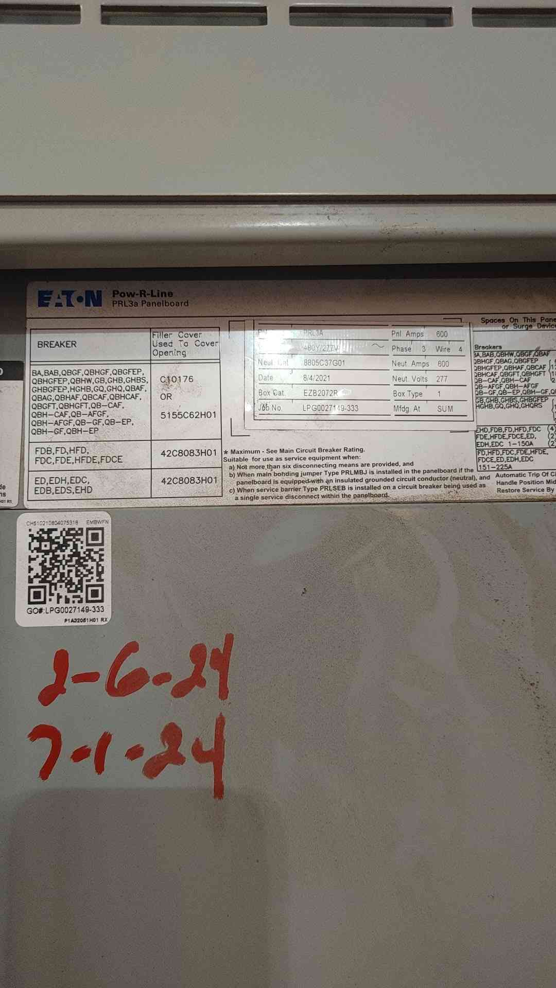Eaton PRL3a 600A Panelboard 480Y/277V 3Ph w/ 600A Main + (4) 150A 3P & 20A Breakers