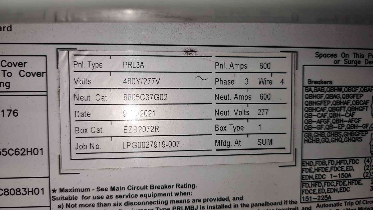 Eaton PRL3a 600A Panelboard 480Y/277V 3Ph w/ 600A Main + (3) 150A & 60A 3P Breaker