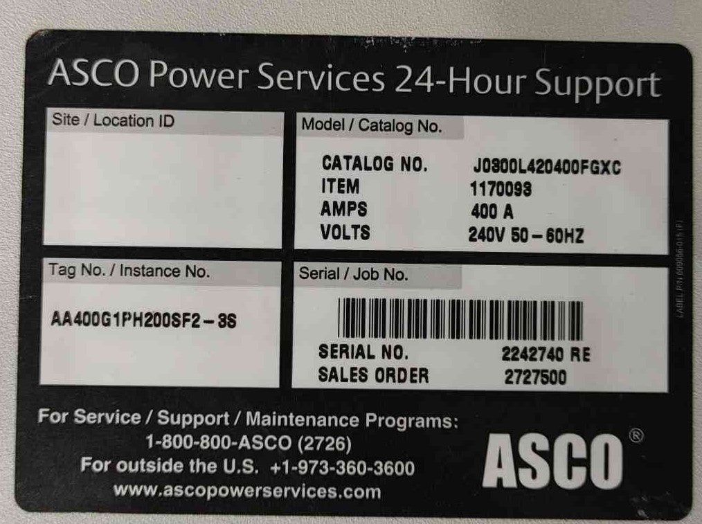 ASCO 300L Series 400A Automatic Transfer Switch 240V 1Ph ATS J0300L420400FGXC