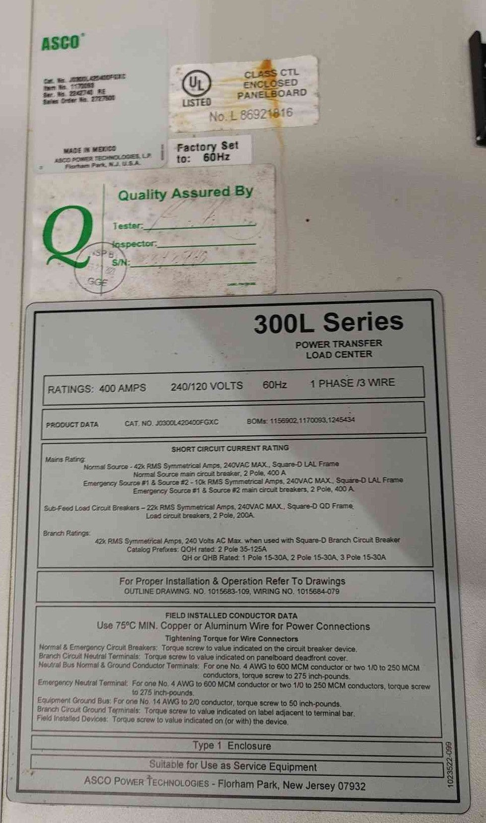 ASCO 300L Series 400A Automatic Transfer Switch 240V 1Ph ATS J0300L420400FGXC