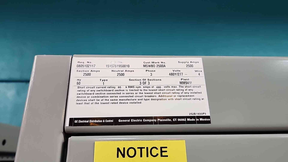 NEW GE Spectra 2500A 480Y/277V 3Ph 3-Sec Switchboard Lineup w/ 2500A Main & Breakers
