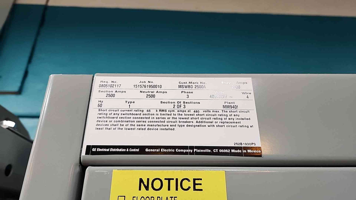 NEW GE Spectra 2500A 480Y/277V 3Ph 3-Sec Switchboard Lineup w/ 2500A Main & Breakers