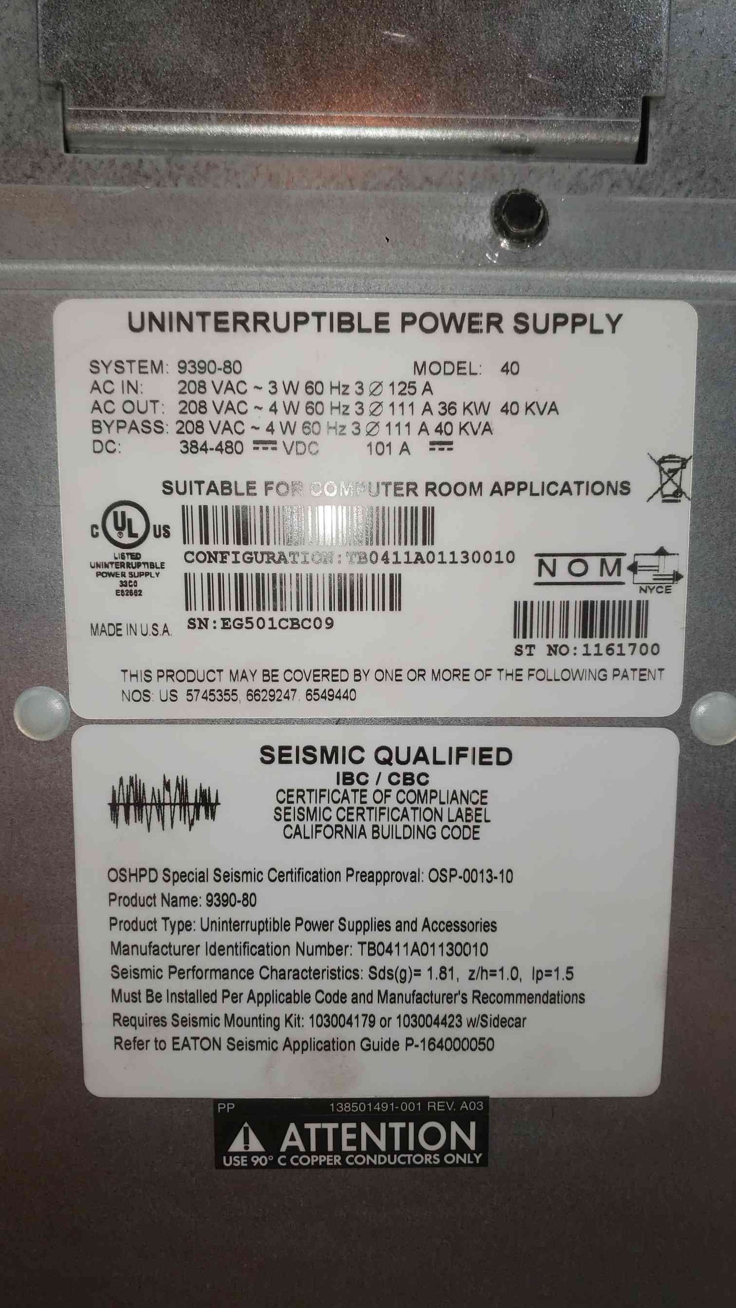 Eaton 9390-80 UPS 40KVA UPS and Battery Cabinet 480V (SKU: 110963)