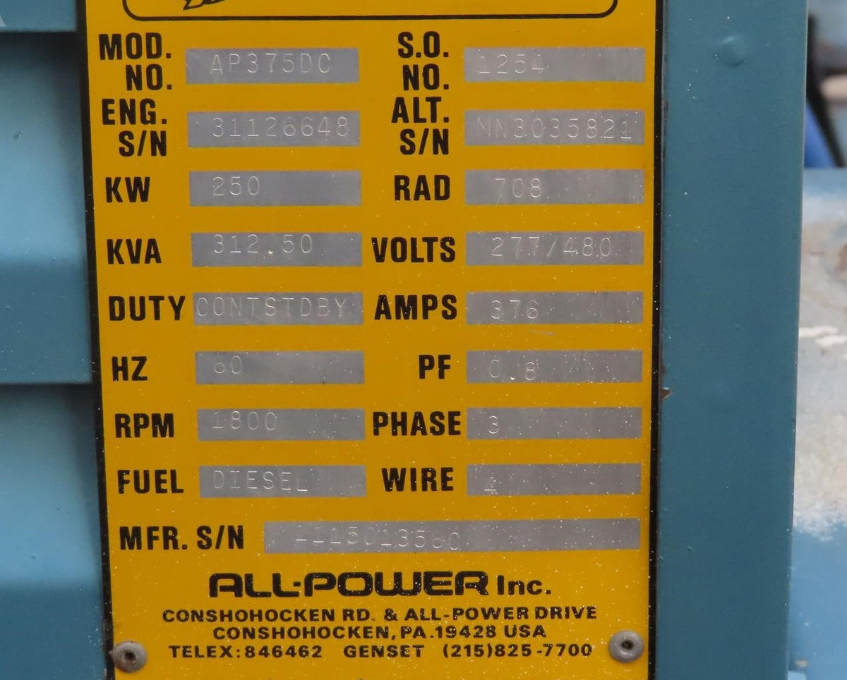 1982 All-Power 250kW Cummins KTA1150 Diesel Generator 813 Hrs - GTCH1008