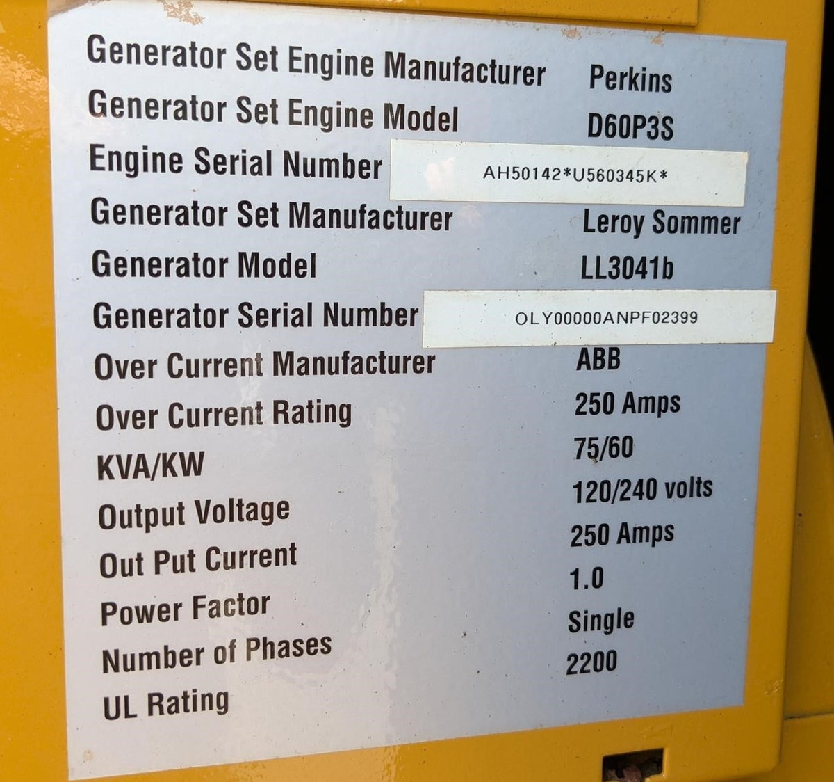 2002 Olympian D60P3S 60kW Single Phase Diesel Generator Enclosed 757 Hrs - GTCH1082