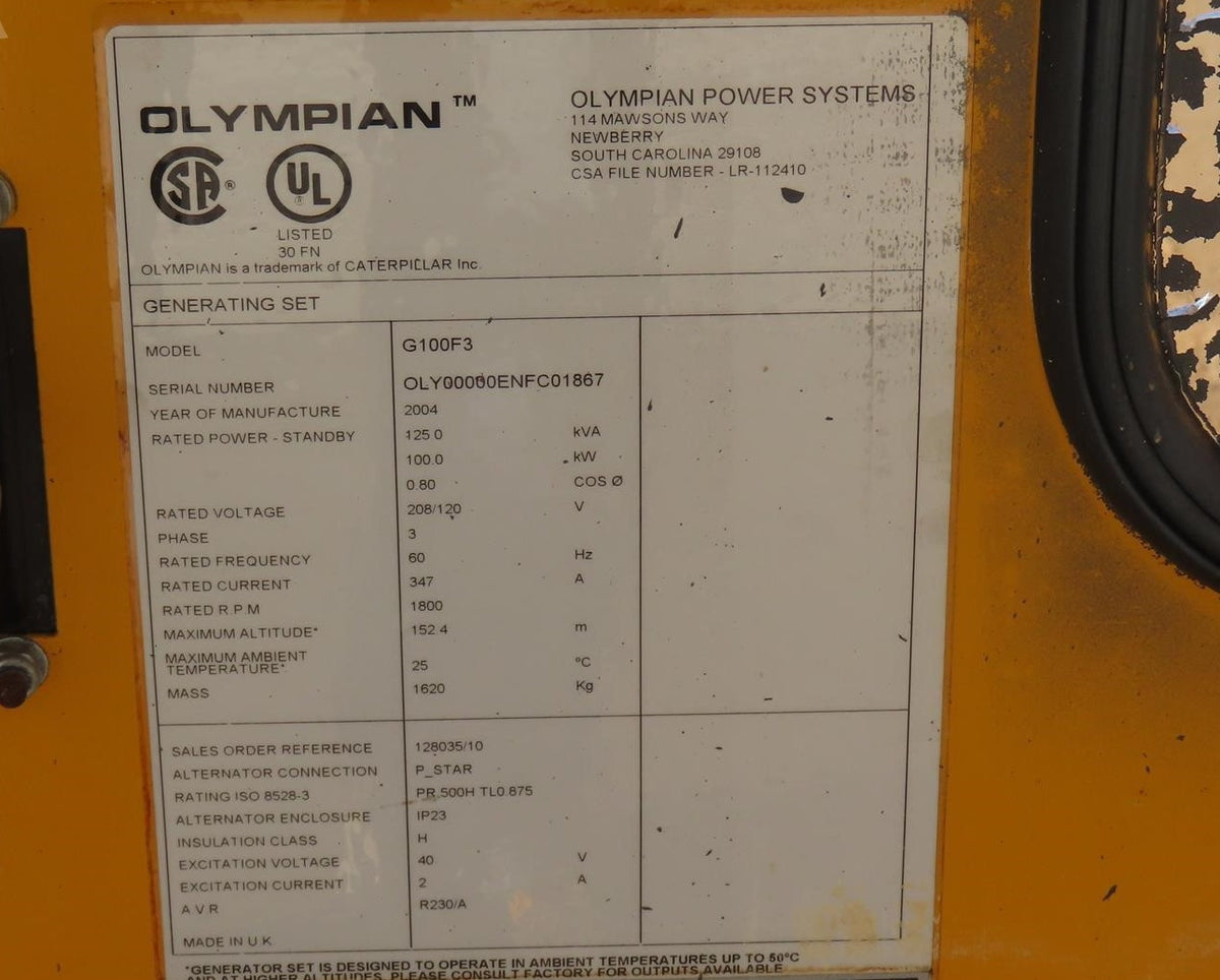 2004 Olympian G100F3 100kW Natural Gas Propane Generator Enclosed 871 Hrs - GTCH1085