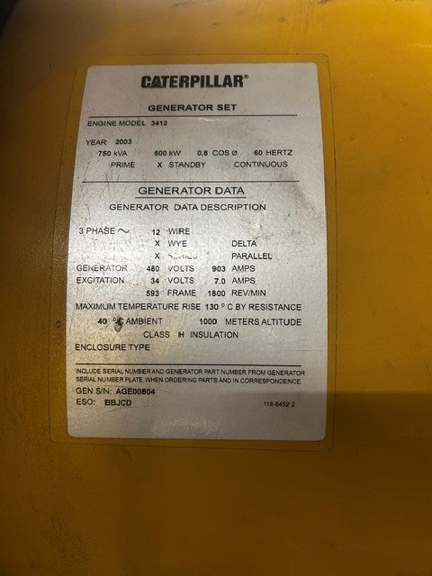 Caterpillar 3412 600 kW Diesel Generator Set 480V Standby Low Hours Base Tank