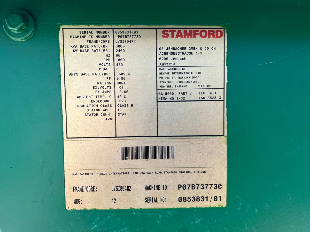 Stamford Jenbacher Rebuild Gen End, 2400 kW, 2 Bearing, Continuous Duty, 480 Volt, 1800 RPM
