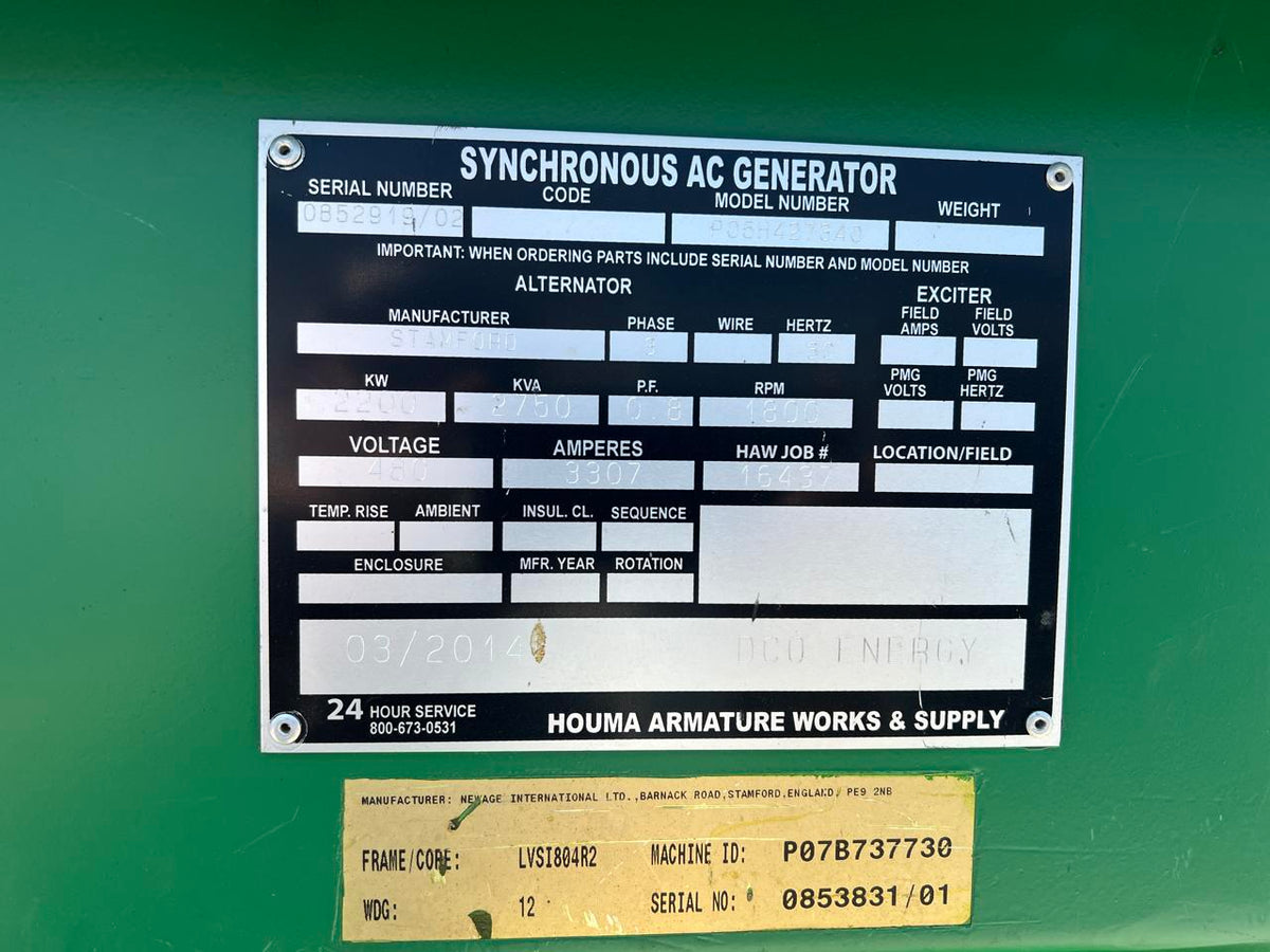 Stamford Jenbacher Rebuild Gen End, 2400 kW, 2 Bearing, Continuous Duty, 480 Volt, 1800 RPM
