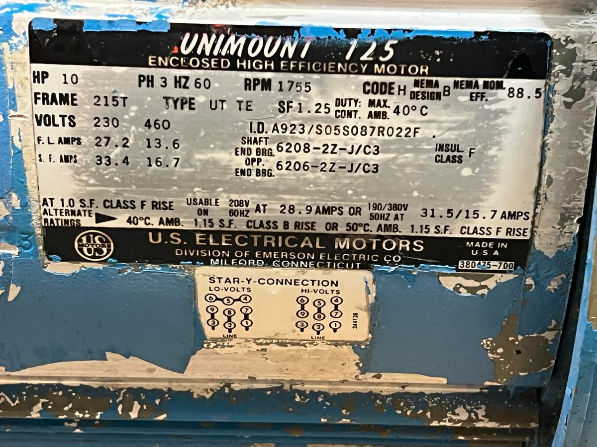 Unimount Electric 3 Phase AC Motor, 10 HP, with 1 3/8″ Shaft, 1755 RPM, Used