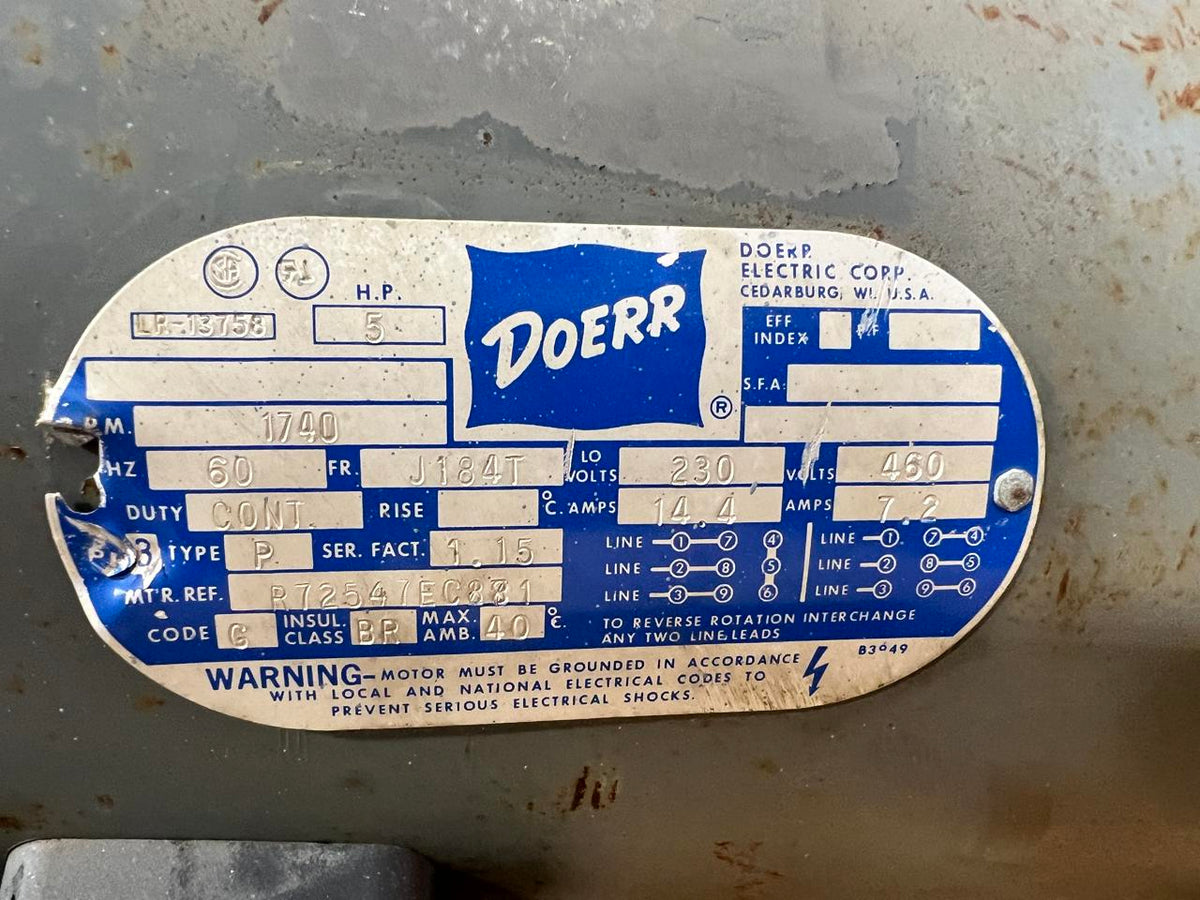 Doerr Electric 3 Phase, AC Motor with Pulley, 5 HP, 1740 RPM, Used Tested