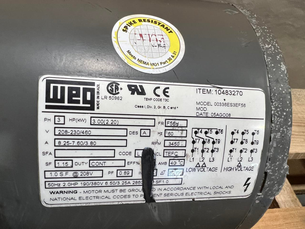 WEG AC Electric Continous Duty Motor, 3 HP, 3450 RPM
