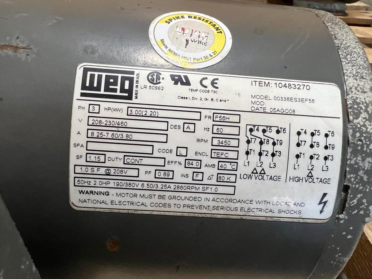 WEG AC Electric Continuous Duty Motor, 3 HP, 3450 RRPM, Year – 2005