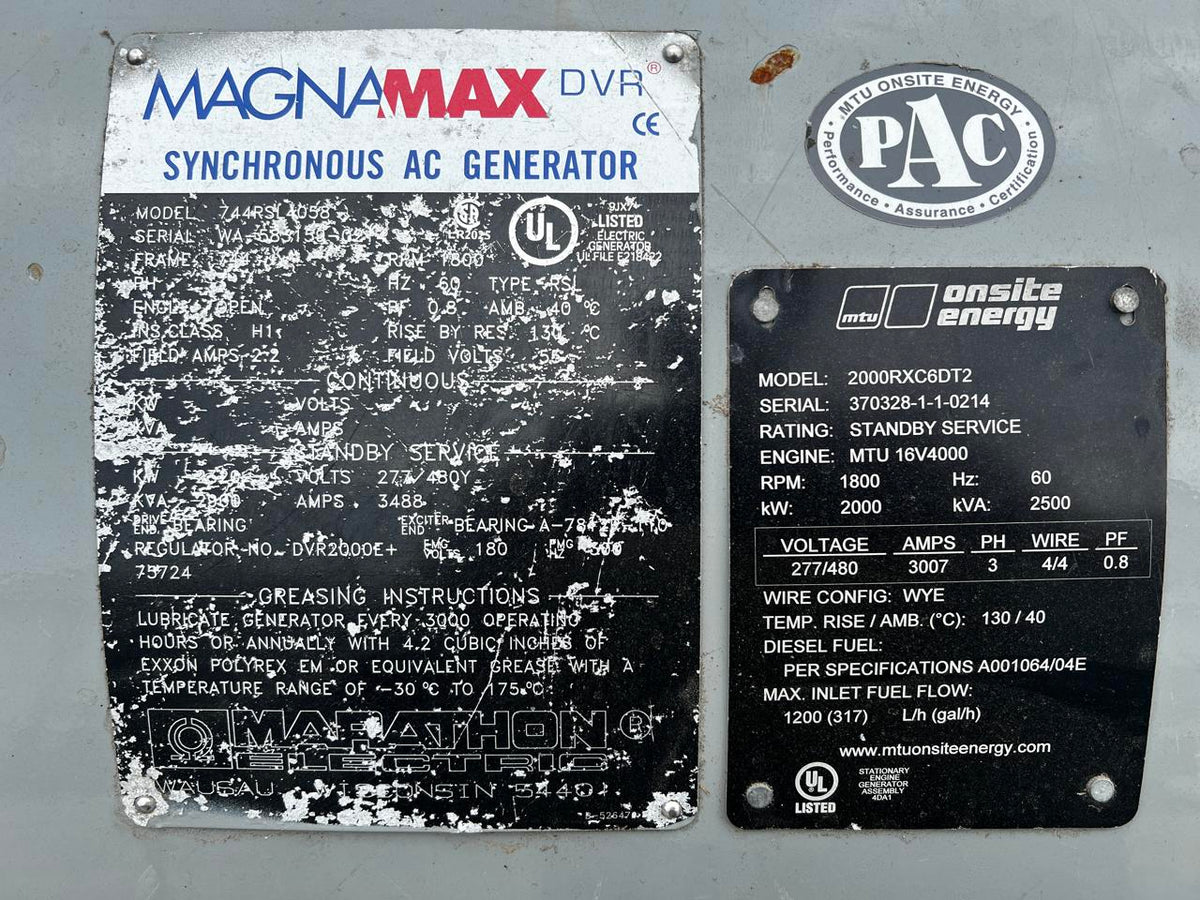 Marathon Gen End, 2200 kW, Low Hr, Take Off of MTU Engine, Less than 500 HRs.