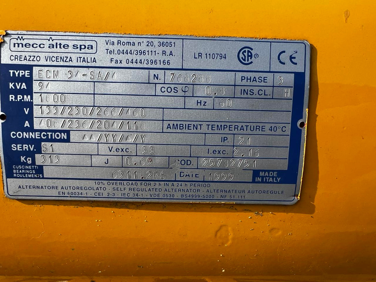 Mecc Alte Gen End, 75 kW, 240 Hours since new, 12 Lead Reconnectable from 120 V to 480 Volt