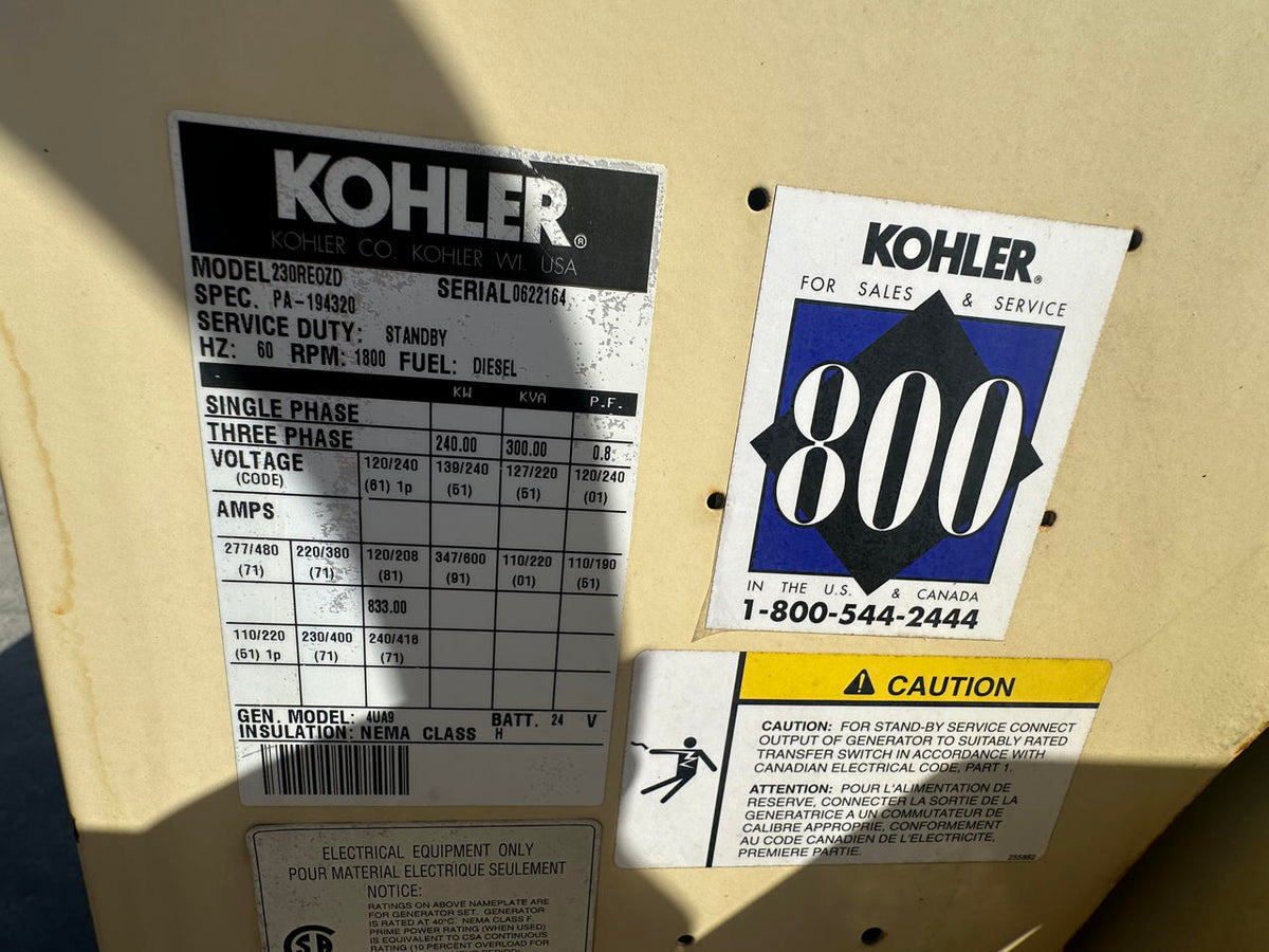 Kohler Generator End, 240 kW, 750 Hours, Load Tested Take Off S60 DDet Engine