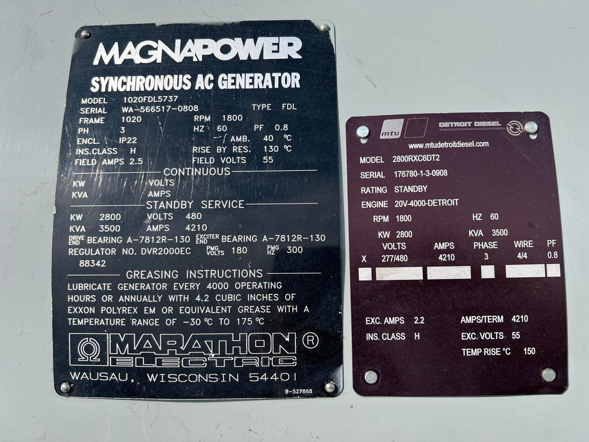 Marathon/MTU Generator End 2800 kW 480 Volt Good Used Take Off of 20V 4000 Engine DSLP1095