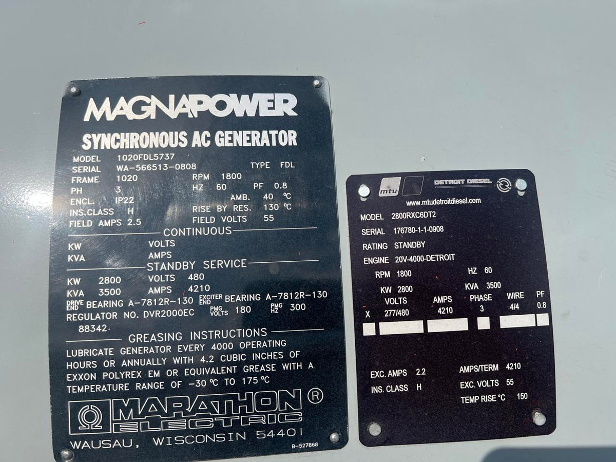 Marathon/MTU Gen End 2800 kW 480 Volt Good Used Take Off Of 20V 4000 Engine DSLP1097