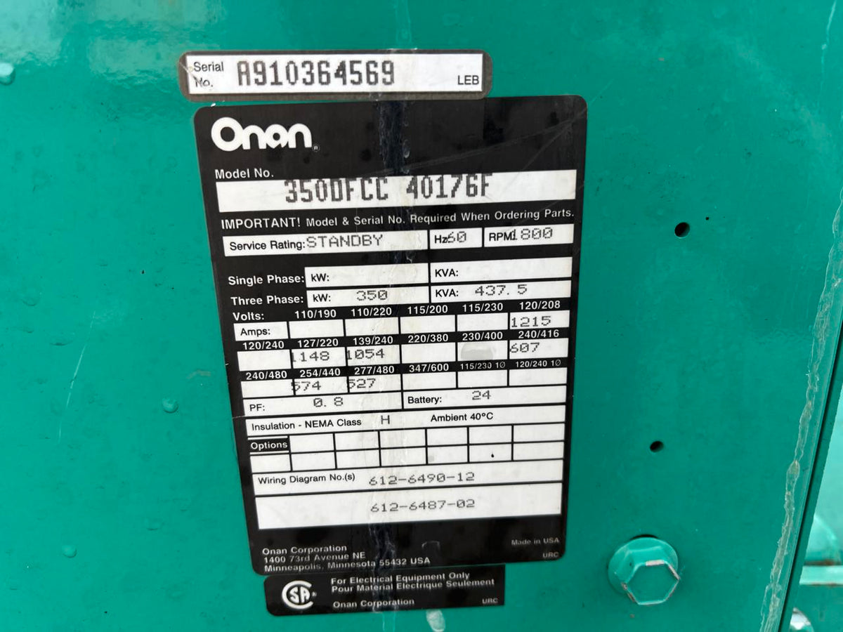 350 kW Onan Generator End with Controller and Breaker