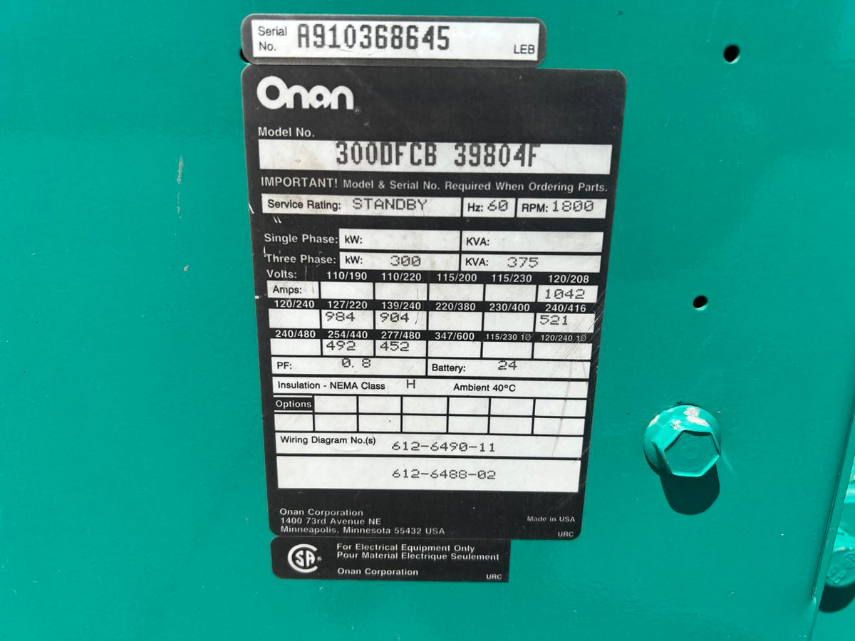Cummins/Onan Gen End, 300 kW, Year – 1991