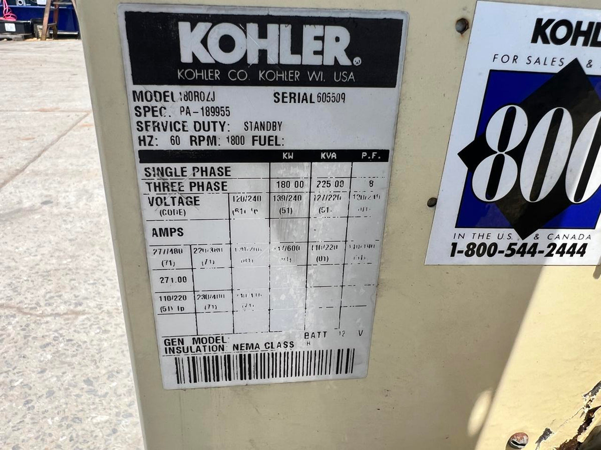 180 kW Kohler Gen End with Breaker, 1100 Hours