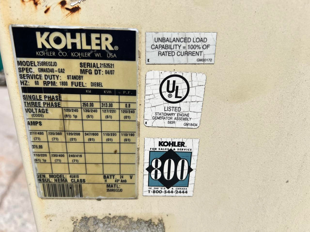 250 kW Kohler Gen End with Breaker, Year – 2007, 300 Hours