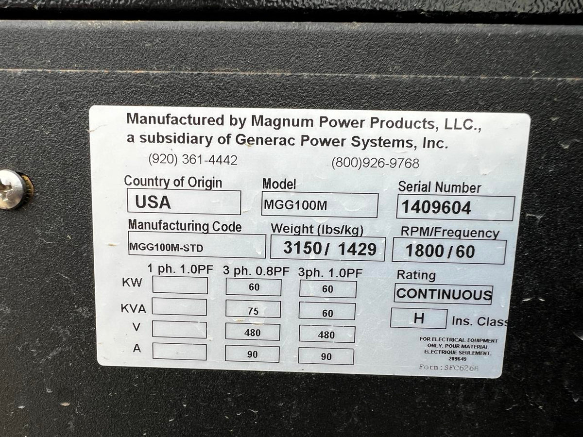 _100 kW Standby/60 kW Continuous Magnum Generator, 9.0L Generac Engine, Year – 2014, 1 Hour, Trailer Mounted