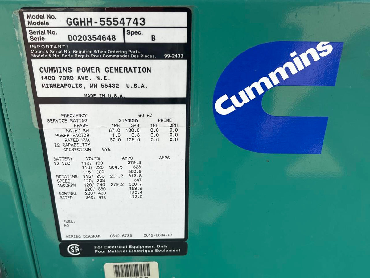 100 kW Cummins/Onan Generator, Natural Gas or Propane, 6.8 Ford Engine, Year – 2002, 710 Hours