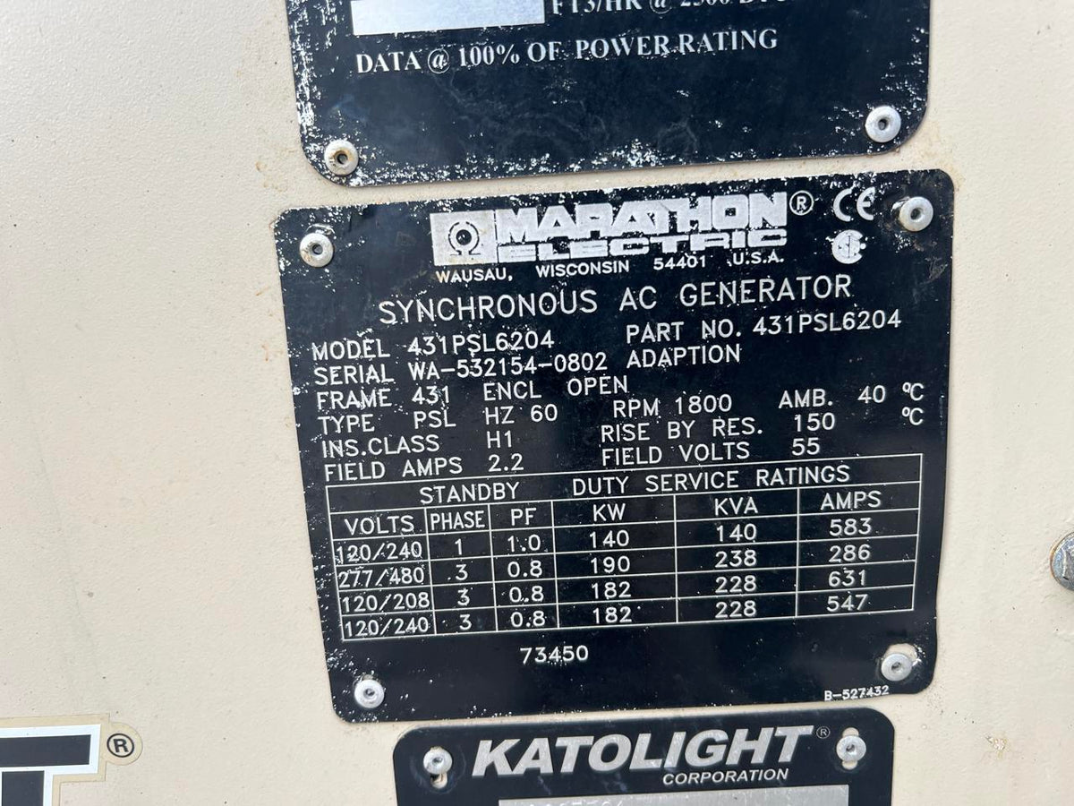 100 kW Katolight Generator, 8.1 Liter PSI Engine, Natural Gas, With Enclosure, 114 Hours, Year – 2002