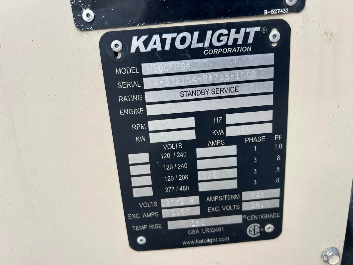 100 kW Katolight Generator, 8.1 Liter PSI Engine, Natural Gas, With Enclosure, 114 Hours, Year – 2002