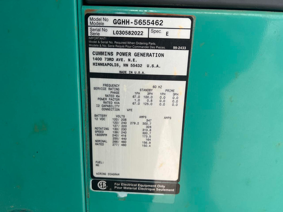 100 kW Cummins/Onan Generator, with Sound Attenuated, Enclosure, 6.8 Liter Ford Engine, Year – 2003, 409 Hours, Natural Gas or Propane